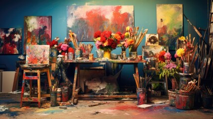 Poster - An artist's studio with paint and brushes, AI