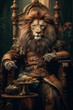 Royal lion sitting on a throne, anthropomorphic character