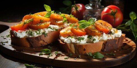 Wall Mural - Gourmet sandwiches bread toast, bruschetta with cream cheese, peaches, tomatoes and green basil leaves