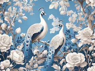 pattern wallpaper with white peacock birds with trees plants and birds in a vintage style landscape blue sky background