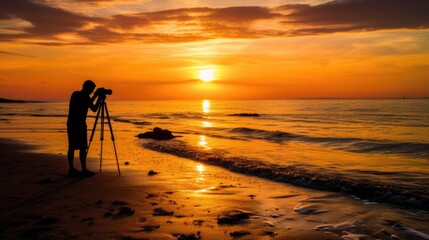 Canvas Print - A man taking pictures of the sunset on the beach, AI