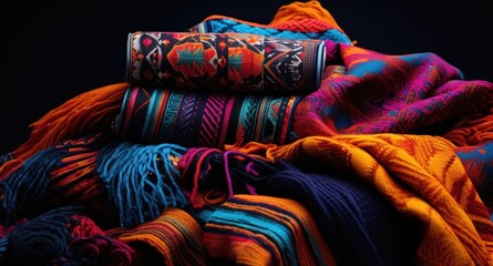 Canvas Print - A pile of colorful blankets and scarves, AI