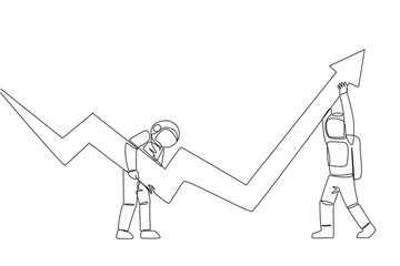 Wall Mural - Single one line drawing two astronauts holding a large arrow chart. With their teamwork they hope that the graph will always be in rising condition. Cosmic. Continuous line design graphic illustration