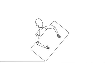 Continuous one line drawing robotic hugging handphone. Added a robotic system so that handphone cannot be tracked. Future technology development. AI tech. Single line draw design vector illustration