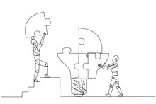 Continuous One Line Drawing Two Robots Put Together Four Lightbulb-shaped Puzzle Pieces. Teamwork Brings Ideas Together. Future Tech Development Concept. Single Line Draw Design Vector Illustration