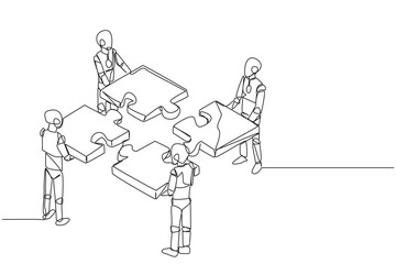 Wall Mural - single one line drawing four robotics artificial intelligence standing with each holding a puzzle pi