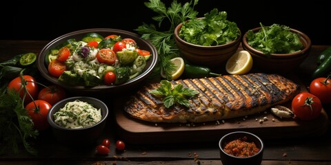 Wall Mural - Selection of traditional greek food - salad, meze, pie, fish, tzatziki, dolma on wood background, top view