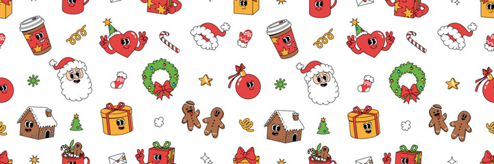 Wall Mural - Merry Christmas groovy funny cartoon seamless pattern. Santa Claus, Christmas tree, coffee and ball in trendy funky retro cartoon style. Greeting background, wrapping paper, textile, wallpaper.