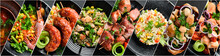 A photo collage of vegetables, meat and seafood dishes. A set of dishes in plates. Photo banner for a food site.