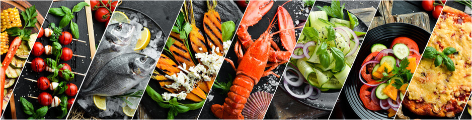Sticker - Photo collage. Different healthy main courses, meat and fish dishes, pasta, salads, sauces, bread and vegetables on a dark background. Top view.