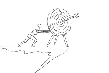 Sticker - Single one line drawing robot pushes the large arrow board target from the edge of cliff. Aimless. No focus. Robotic artificial intelligence. Future tech. Continuous line design graphic illustration