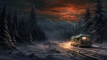 Concept Of Auto Travel During Winter Holiday Season. Road Trip Journey. Generative AI. An Old Green Retro Vintage Motorhome Bus Stands In A Snowy Winter Forest Against The Backdrop Of Mountain Peaks.