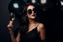 Fancy Girl Wearing Black Top And Sunglasses With Champagne Glass. Glamorous Lady Posing On Black Balloons Wall. Generate Ai
