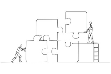 Single continuous line drawing two robots teamwork to put together a square puzzle, one of them climbs ladder holding up a piece of the puzzle. Future technology. One line design vector illustration