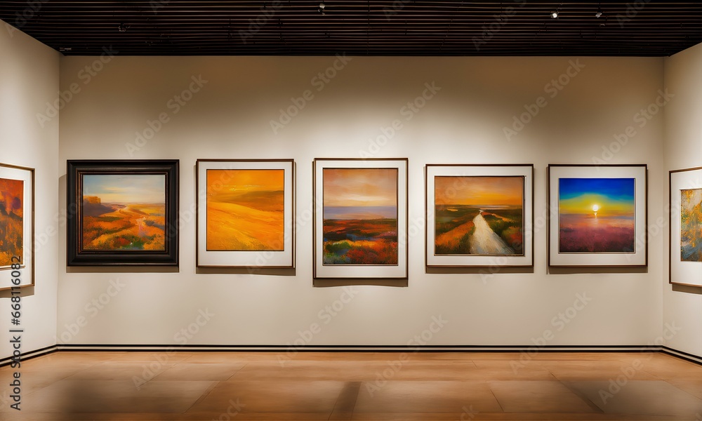 アートギャラリーに展示された絵画を鑑賞する、美術館背景｜Admire the paintings displayed at the art