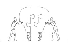 Single One Line Drawing Two Robot Pushing Two Lightbulb-shaped Puzzle Pieces. Metaphor Brings Together Two Ideas. Teamwork Of Two Future Robots. AI Tech. Continuous Line Design Graphic Illustration