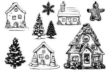 Wall Mural - Set hand drawn Winter house with snow and fir with Christmas paraphernalia, vector sketch