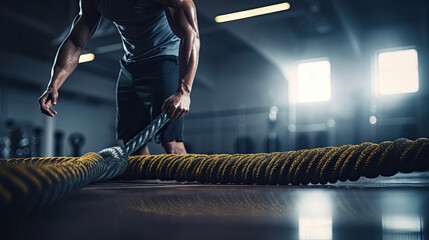 Canvas Print - Person using battle rope creating dynamic waves in designated functional training section of gym