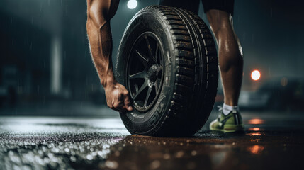 Wall Mural - Person demonstrates dynamic strength with sledgehammer and tire