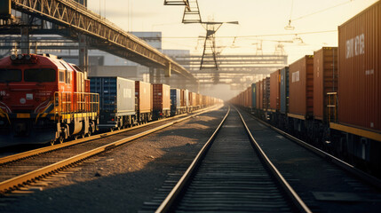 Canvas Print - Rail Freight Terminal: Trains Arriving and Departing Containers Being Shifted