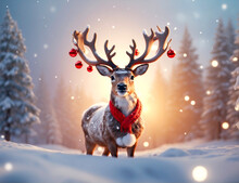 Christmas Rudolph Reindeer In Winter Forest