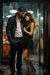Wall Mural - couple romance kissing embrace love valentine street at night - by generative ai