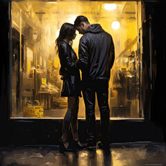Wall Mural - couple romance kissing love valentine street at night - by generative ai