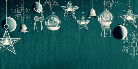 Wall Mural - Christmas decoration with falling snow and empty mockup space on green background. 3D Rendering, 3D Illustration