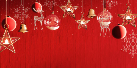 Wall Mural - christmas decoration with falling snow and empty mockup space on vibrant red background. 3d renderin