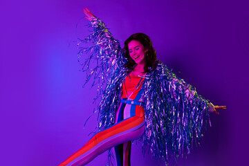 Poster - Photo of adorable pretty lady wear tinsel jacket having fun enjoying disco isolated neon purple color background