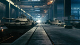 Fototapeta  - Production of military tanks at the factory. Military factory weapon Battle tanks. 3d illustration