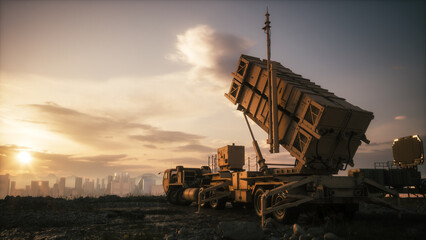 Mobile truck with air defense. Missile defense system. 3d illustration