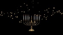 Hanukkah Greeting Background With Stars Of David And Menorahs Candlestick On A Bokeh Background.