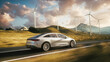 Electric car driving through landscape. Electric car drives along a windmills. 3d illustration