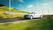 Electric car driving through landscape. Solar power plant and Windmills. 3d illustration