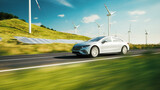 Fototapeta Sawanna - Electric car driving through landscape. Solar power plant and Windmills. 3d illustration