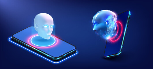 Leinwandbilder - AI Content Generator. Chatbot technology, isometric. Technology and engineering. AI chat bot based on artificial intelligence and neural networks. Stylish cyber support. Vector