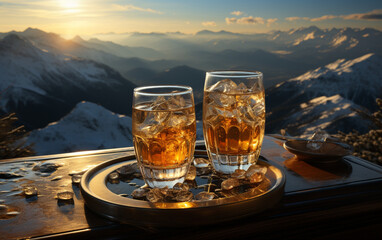 Fototapeta dwa szklane kieliszki z napojem alkoholowym na tarasie z widokiem na góry w słoneczny dzień
