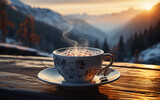 Fototapeta  - filiżanka kawy na tarasie widokowym z widokiem na panoramę gór w słoneczny zimowy dzień.