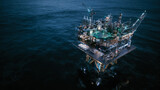 Fototapeta Sawanna - Aerial view of offshore jack up drilling rig at night. Offshore oil and gas industry, sea oil production. Night view of oil and gas platform. 3d illustration