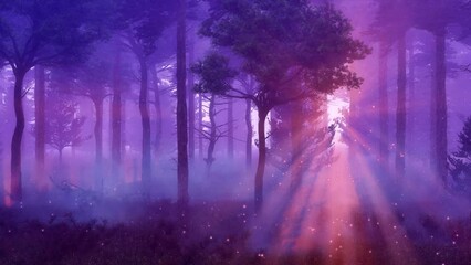 Wall Mural - dreamlike woodland scenery with supernatural fairy firefly lights soaring in sun rays in magical mis