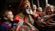 Sinterklaas and his Zwarte Pieten distributing gifts from a large sack, the room filled with laughter and surprise as children unwrap their presents