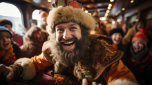 Sinterklaas, The Dutch Santa Claus, Arriving In A Traditional Steamboat, Surrounded By Colorful Presents And Eager Children, Embodying The Joyous Holiday Spirit