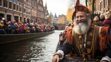 A Joyful Sinterklaas Procession Winding Its Way Along A Canal, With Historic Buildings In The Background, Capturing The Essence Of The Dutch Holiday Tradition