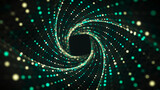 Fototapeta Fototapety do przedpokoju i na korytarz, nowoczesne - Abstract circle speed tunnel with green light on black background. Science background with dots and lines moving in a spiral. Wormhole technology. Digital structure with particles. 3d rendering.