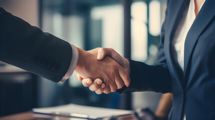 Wall Mural - Female and male business partners meet in modern office, shake hands. Businesspeople came to discuss real estate purchase and marketing project.