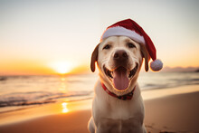 Photo Of A Dog Wearing Santa Claus Hat On The Beach