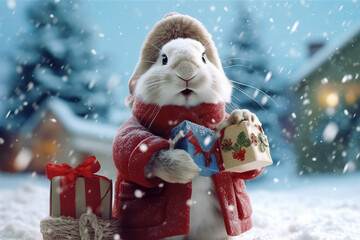 Sticker - santa rabbit Merry Christmas card. Generative Ai