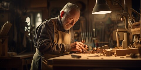 old mature professional artisan artist cratman working on new wooden handywork concentrate carpenter working in home studio morning sunrise