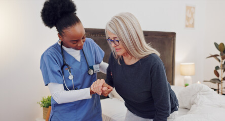 Canvas Print - Walking, support and doctor with senior woman in homecare facility for medical home consultation. Balance, recovery and elderly female with a nurse in bedroom for therapy, help or healthcare advice